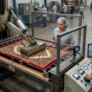 A machine testing the durability of a Raschel blanket in a factory.