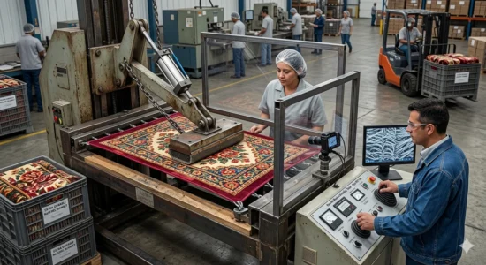 A machine testing the durability of a Raschel blanket in a factory.