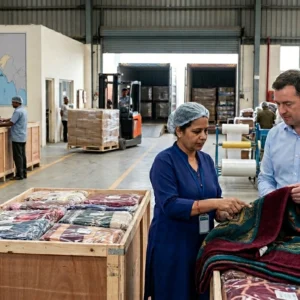 A man and a woman inspect a blanket in a textile factory warehouse.