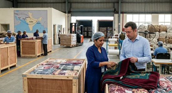 A man and a woman inspect a blanket in a textile factory warehouse.
