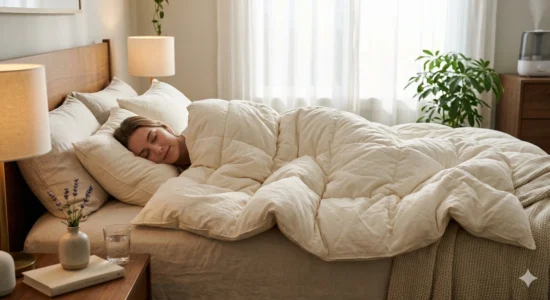 High-quality quilted comforter providing warmth and comfort in bed.