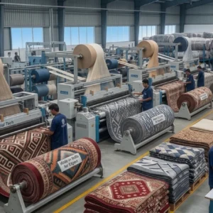 Textile factory interior with weaving machines, carpet rolls, and workers.