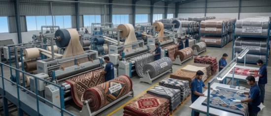 Textile factory interior with weaving machines, carpet rolls, and workers.