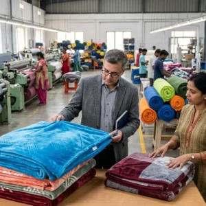 a businessmen inspect plush blankets in factory