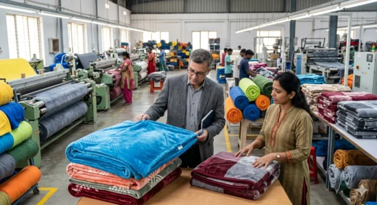 a businessmen inspect plush blankets in factory