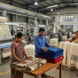 Indian textile workers folding quality blankets on a factory floor.