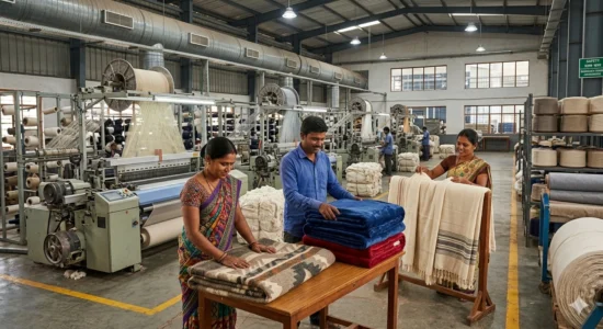 Indian textile workers folding quality blankets on a factory floor.