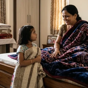 A girl holding a blanket listens to a woman in a paisley mink throw.