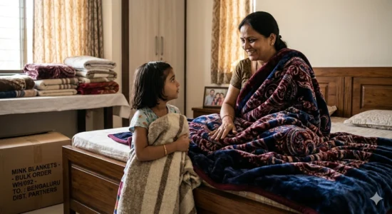 A girl holding a blanket listens to a woman in a paisley mink throw.