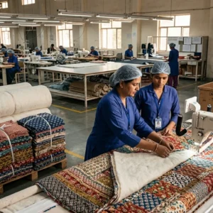 Factory staff quilt and stack patterned textiles in a manufacturing plant.