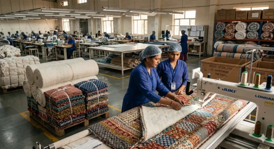 Factory staff quilt and stack patterned textiles in a manufacturing plant.