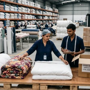 Workers measure a white comforter in a large blanket factory