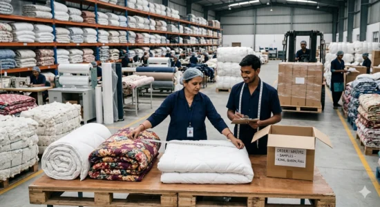 Workers measure a white comforter in a large blanket factory