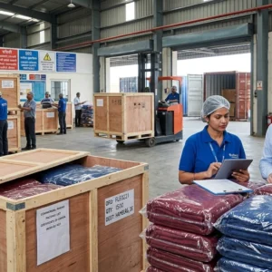 Warehouse staff manage global shipments of blankets in wooden crates