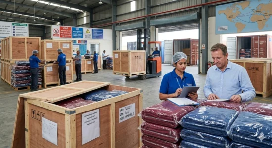 Warehouse staff manage global shipments of blankets in wooden crates