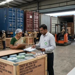Indian export warehouse processes large orders of recycled yarn.