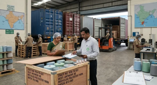Indian export warehouse processes large orders of recycled yarn.