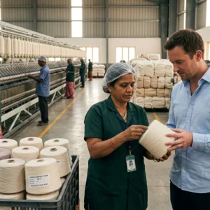 Western buyer inspecting yarn in an Indian cotton spinning facility.