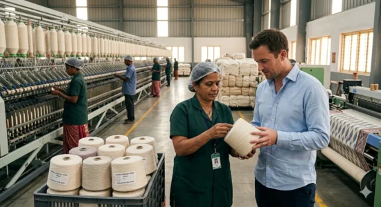 Western buyer inspecting yarn in an Indian cotton spinning facility.