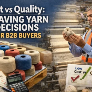 Spools of yarn and a chart comparing cost and quality are visible in the foreground.