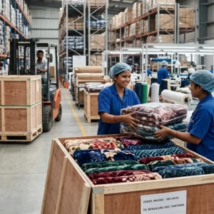 Textile factory workers process a bulk order of mink blankets.
