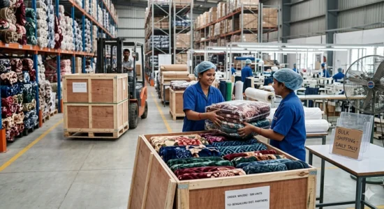 Textile factory workers process a bulk order of mink blankets.