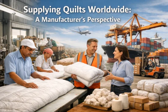 Workers assemble quilts in a busy factory. In the background, a cargo ship and a plane symbolize global export. The scene is industrious and collaborative.