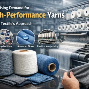 Spools of gray, white, and blue yarn in a textile factory