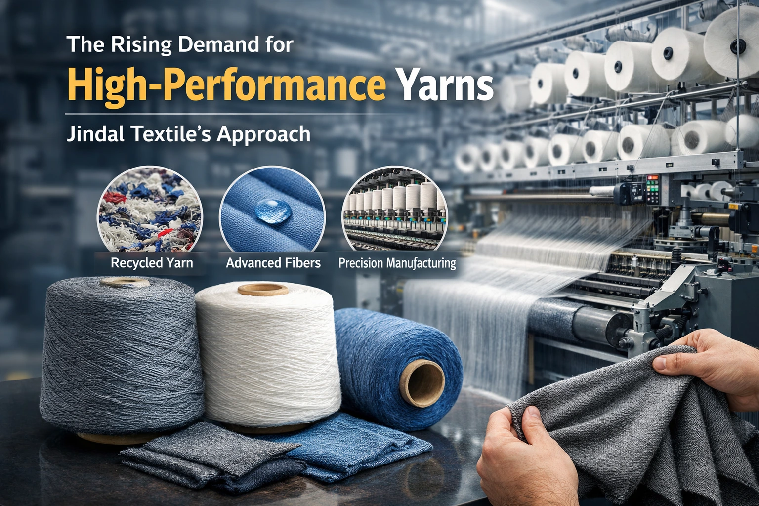 Spools of gray, white, and blue yarn in a textile factory