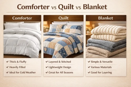 Comparison chart of comforter, quilt, and blanket. Comforter: thick, fluffy. Quilt: layered, stitched. Blanket: simple, versatile.