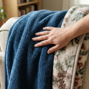 Touching a blue fleece blanket and a floral throw on a couch in a home.