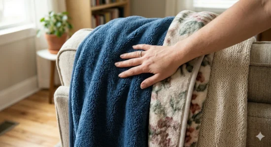Touching a blue fleece blanket and a floral throw on a couch in a home.
