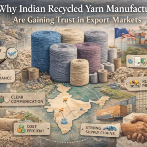 A map of India is central, with exports symbolized by shipping containers and handshake imagery.