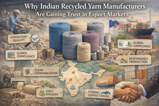 A map of India is central, with exports symbolized by shipping containers and handshake imagery.