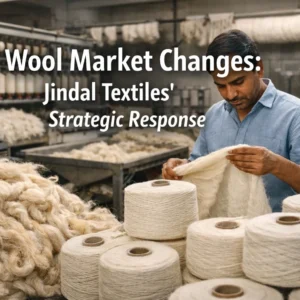 Close-up of wool yarn spools and worker in textile factory production line