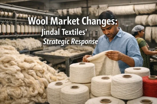 Close-up of wool yarn spools and worker in textile factory production line