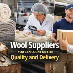 folded wool blankets, a woman inspecting wool with a magnifier, and a smiling man delivering a package.