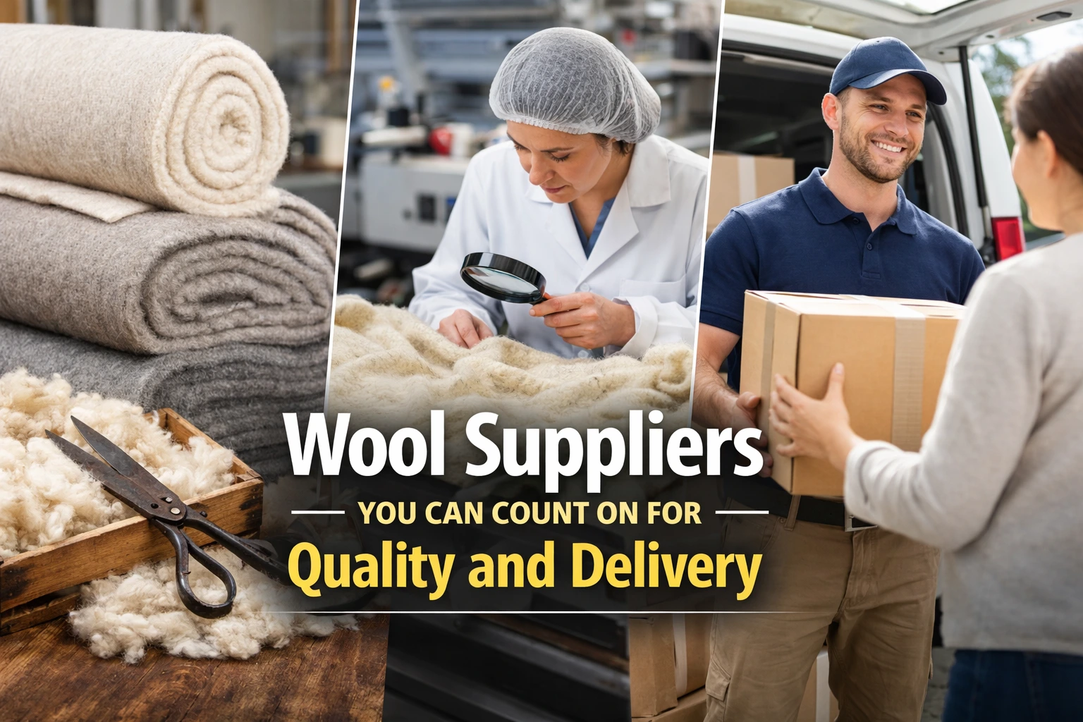 folded wool blankets, a woman inspecting wool with a magnifier, and a smiling man delivering a package.