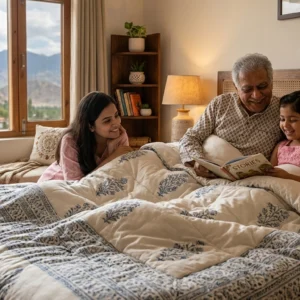 A candid photograph of a happy Indian family relaxing under a thick, cozy comforter