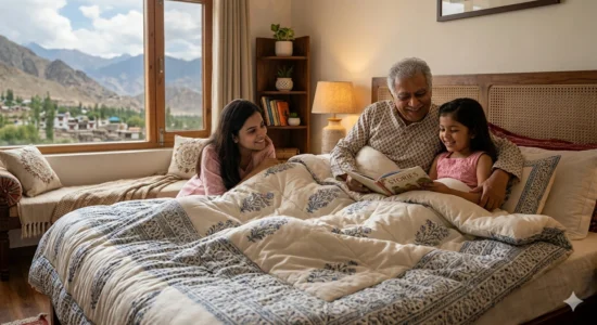 A candid photograph of a happy Indian family relaxing under a thick, cozy comforter