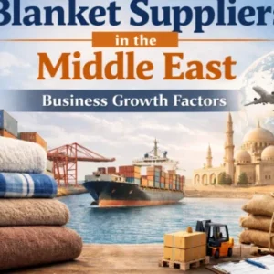 Collage depicting trade in the Middle East with stacks of blankets, shipping containers, a cargo ship