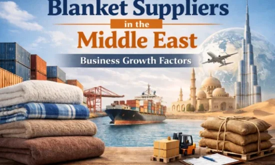 Collage depicting trade in the Middle East with stacks of blankets, shipping containers, a cargo ship