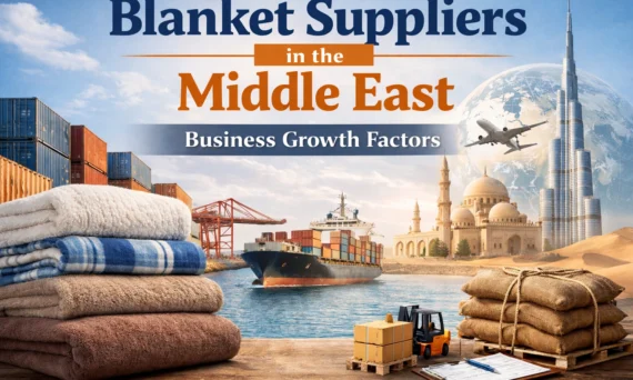 Collage depicting trade in the Middle East with stacks of blankets, shipping containers, a cargo ship