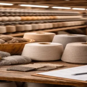 A textile factory with large spools of yarn, ranging in neutral colors, on a wooden table.