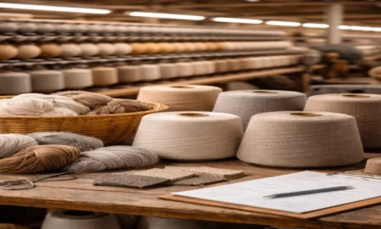 A textile factory with large spools of yarn, ranging in neutral colors, on a wooden table.