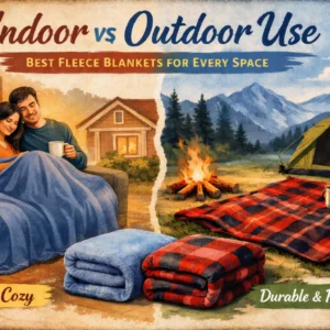 Cozy indoor scene with a couple on a couch under a fleece blanket, contrasting with an outdoor campsite with a tent and campfire.