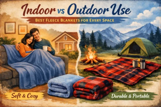 Cozy indoor scene with a couple on a couch under a fleece blanket, contrasting with an outdoor campsite with a tent and campfire.