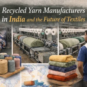 A man observes yarn spools in an Indian factory. Nearby, colored yarn stacks and a map symbolize the global impact of recycled textiles.