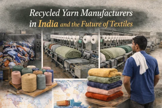 A man observes yarn spools in an Indian factory. Nearby, colored yarn stacks and a map symbolize the global impact of recycled textiles.