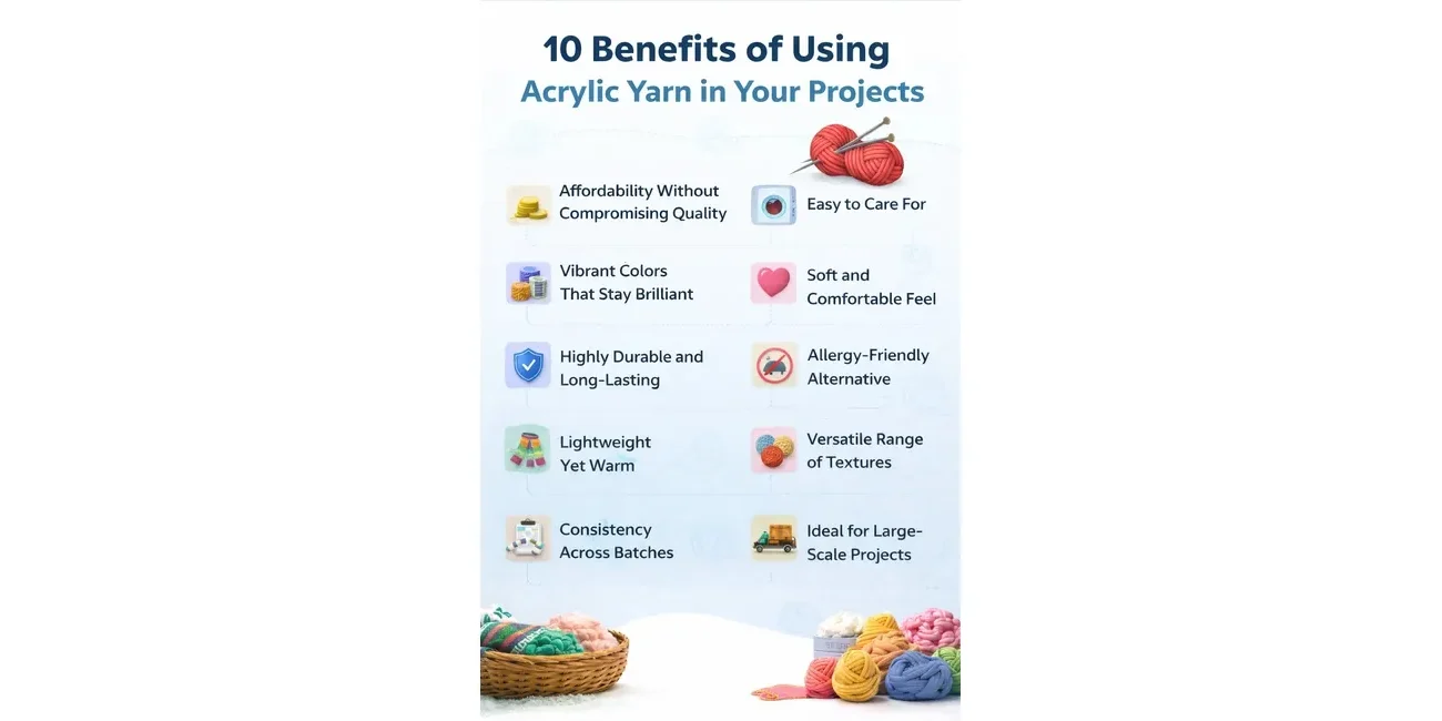 benefits of acrylic yarn, including affordability, vibrant colors, durability, lightweight, easy care